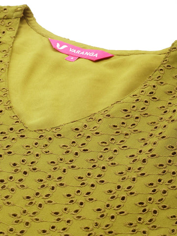 Varanga Women Olive Tiered Detail Schiffli Dress